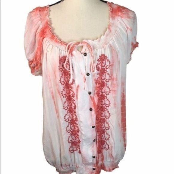 Fever Tops - Fever Peasant Boho Shirt Coral Orange White Small NWT